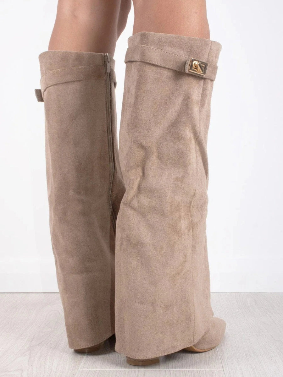 Women's Knee-High Boots with Block Heel and Wide Flare Top