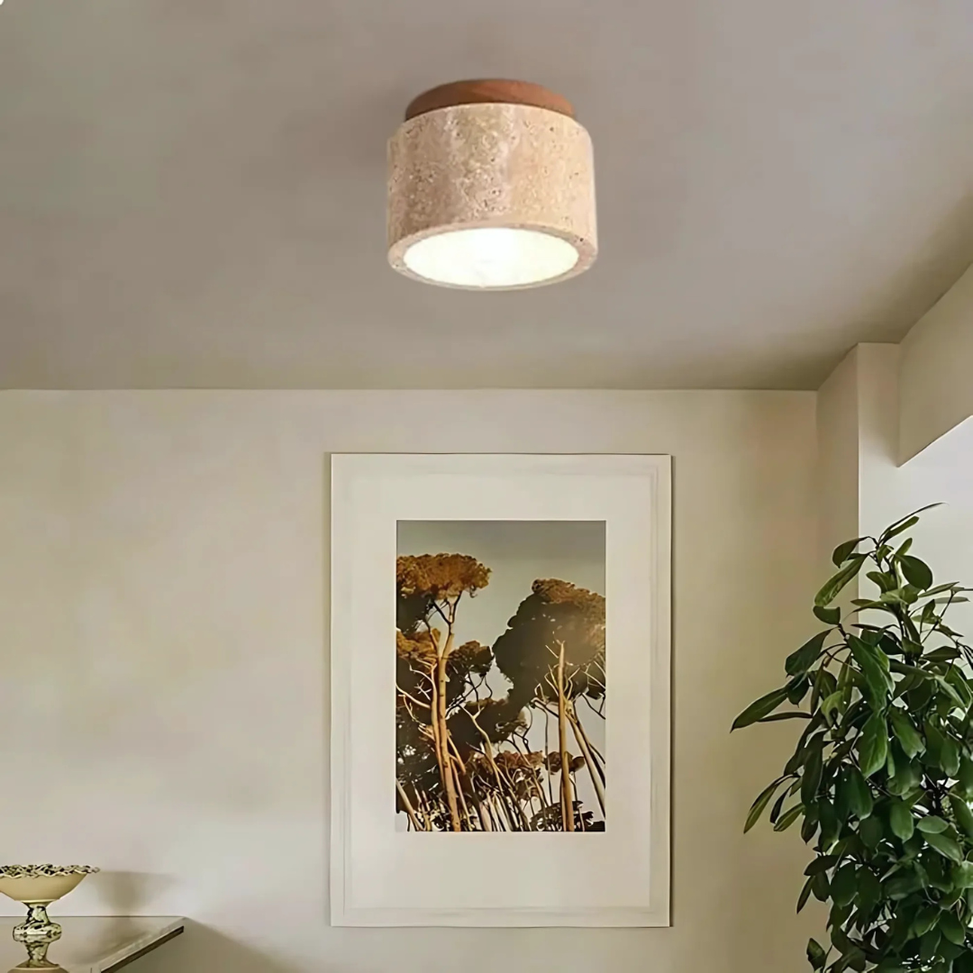 Radia - Lampada da Soffitto Cilindrica in Travertino con Dettagli in Legno