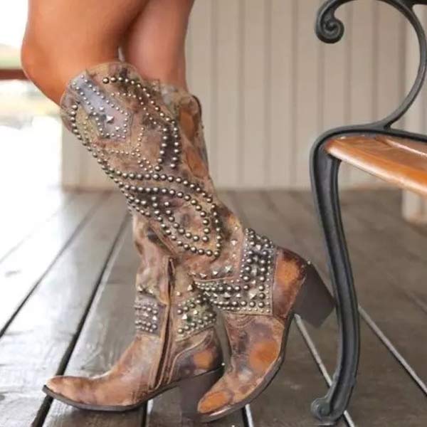 Women's Knee-High Cowboy Boots featuring Rivet Details, Chunky Heel, and Side Zipper
