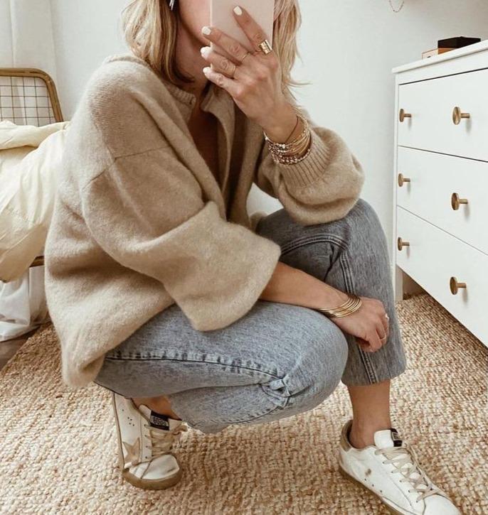 Women's Relaxed Fit Button-Up Knit Cardigan with Drop Shoulders
