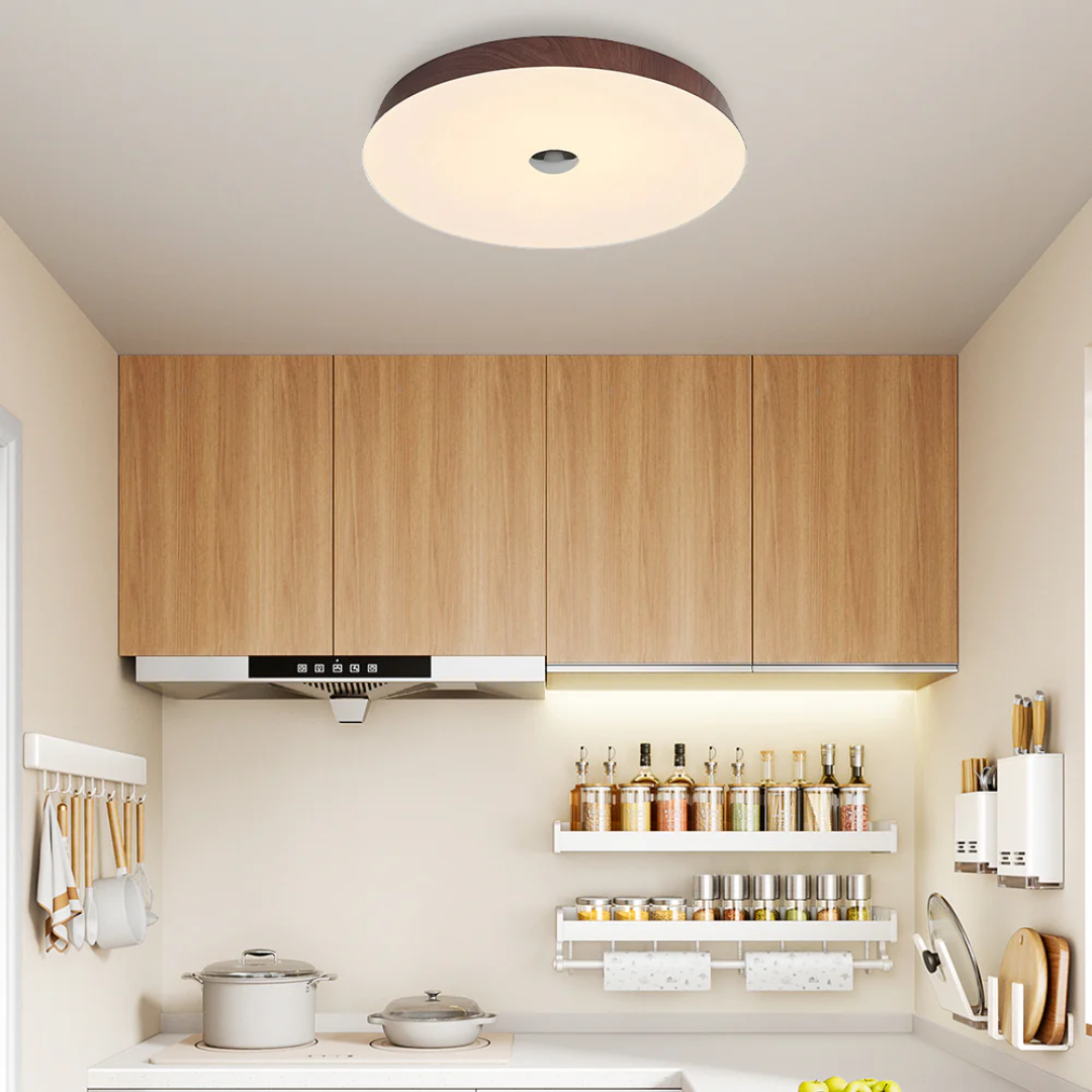 Evon - Lampada LED da soffitto rotonda con elegante finitura in legno naturale
