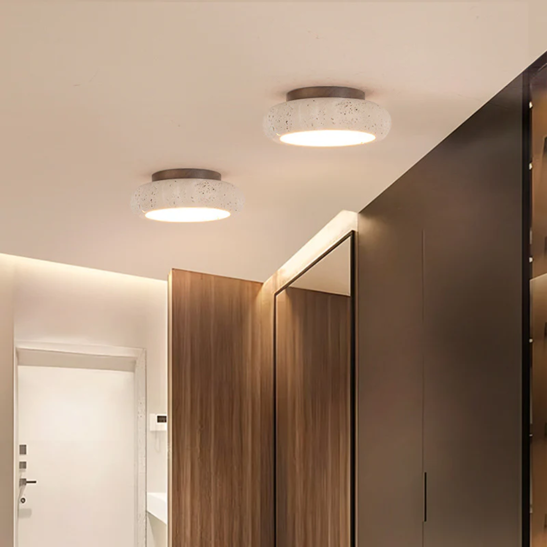 Rava - Lampadario Vintage in Travertino con Dettagli in Legno