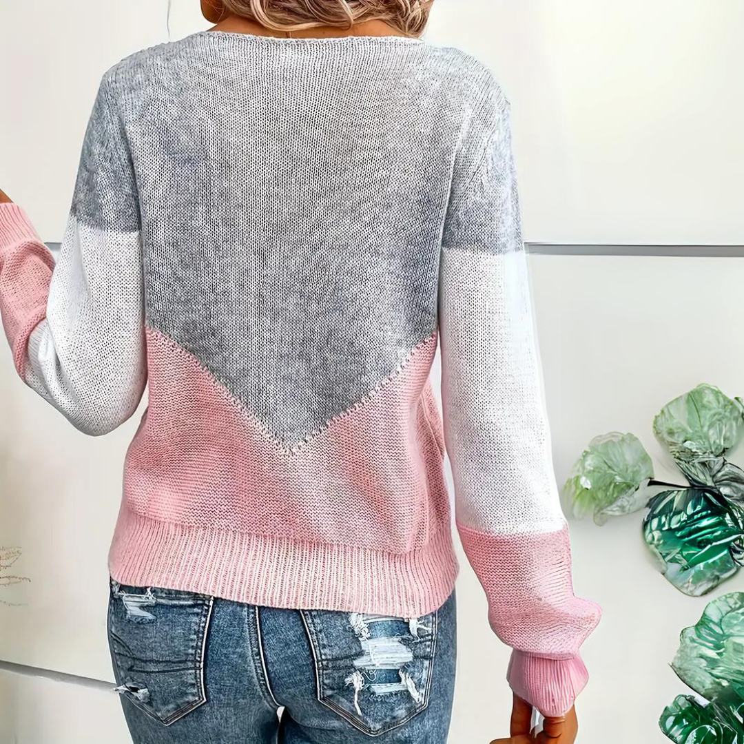 Women's Pointelle Sweater with V-Shape Contrast Panel and Color Block Design