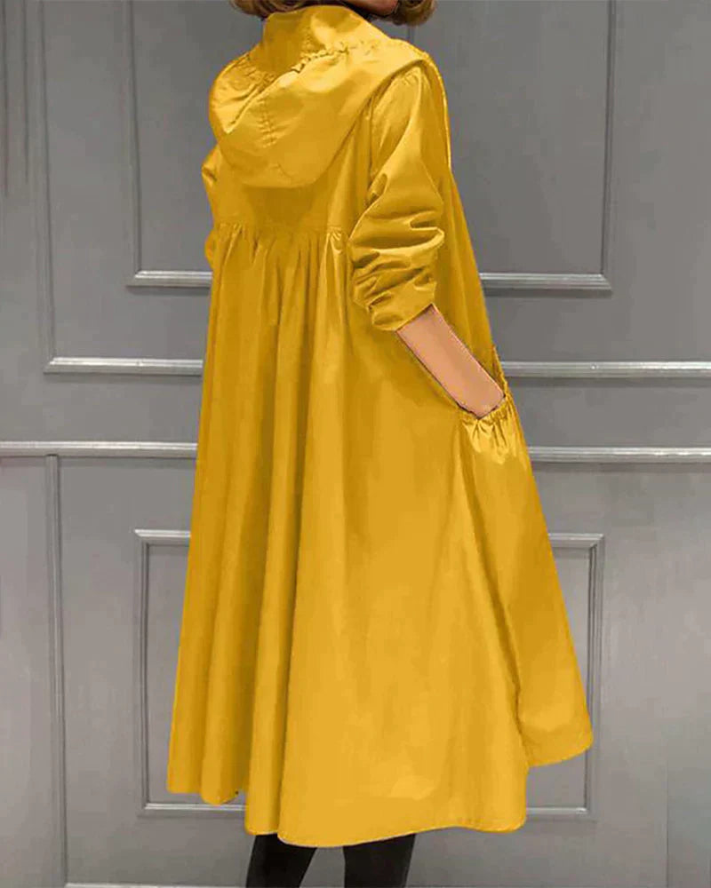 Women's Waterproof Long Hooded Raincoat with Zipper and Weather-Resistant Design