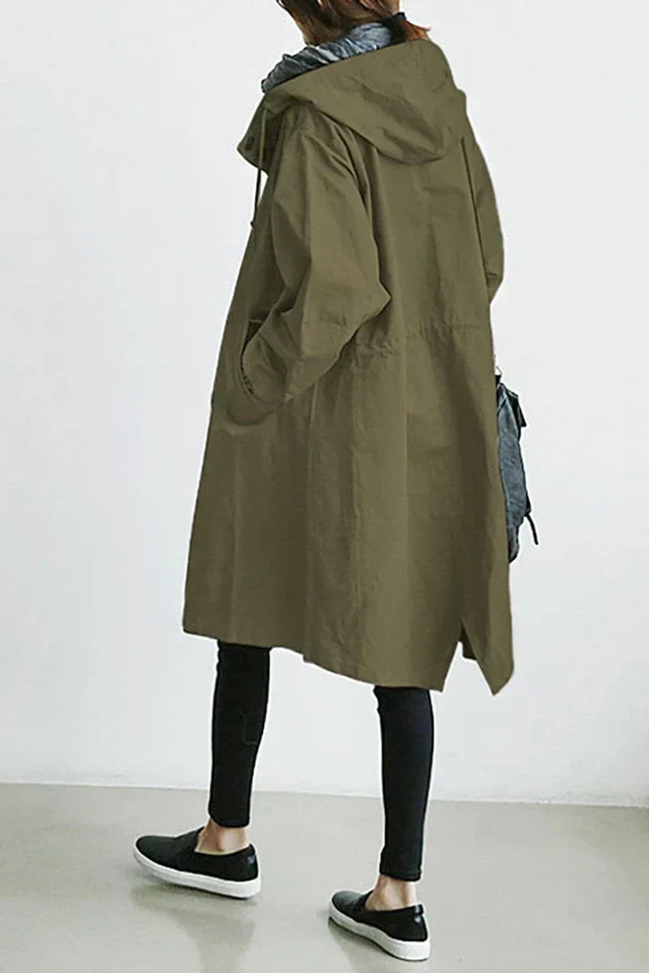 Women's Oversized Hooded Trench Coat with Button Fastening and Pockets