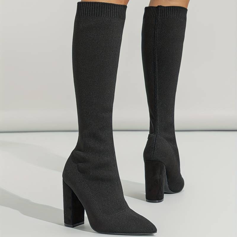 Knee-High Sock Boots for Women with Pointed Toe and Block Heel