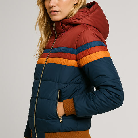 Women's Color-Blocked Hooded Winter Jacket – Waterproof Puffer Coat