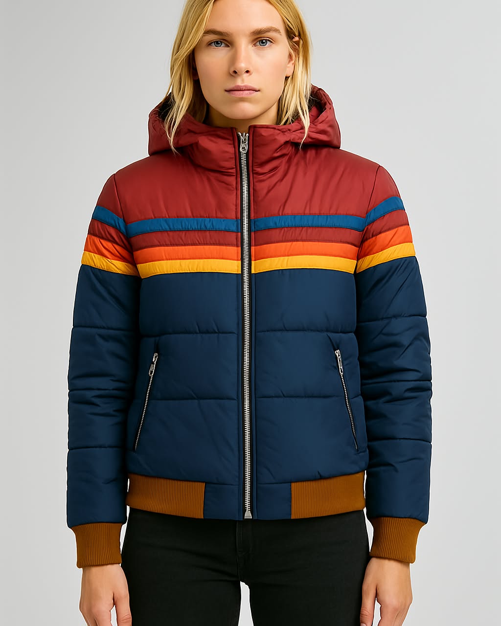 Women's Color-Blocked Hooded Winter Jacket – Waterproof Puffer Coat