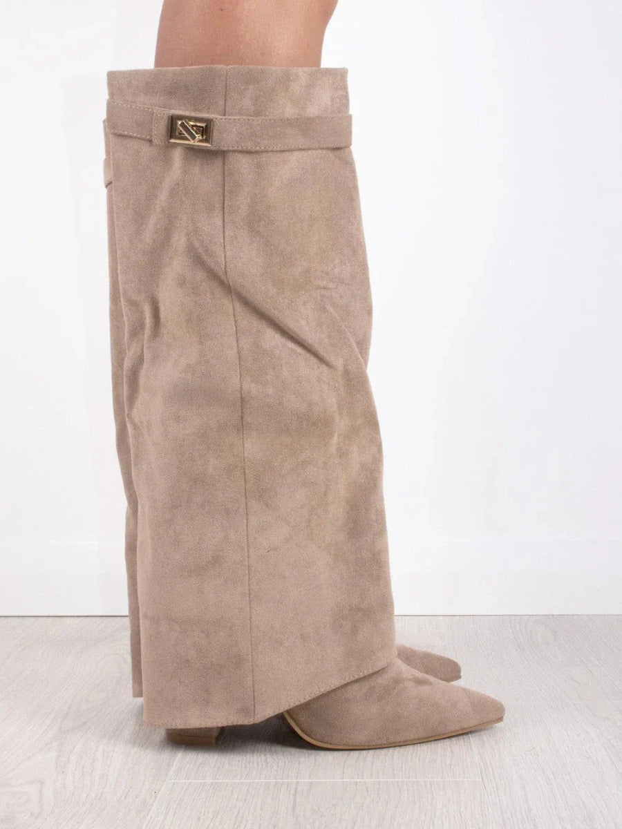 Women's Knee-High Boots with Block Heel and Wide Flare Top