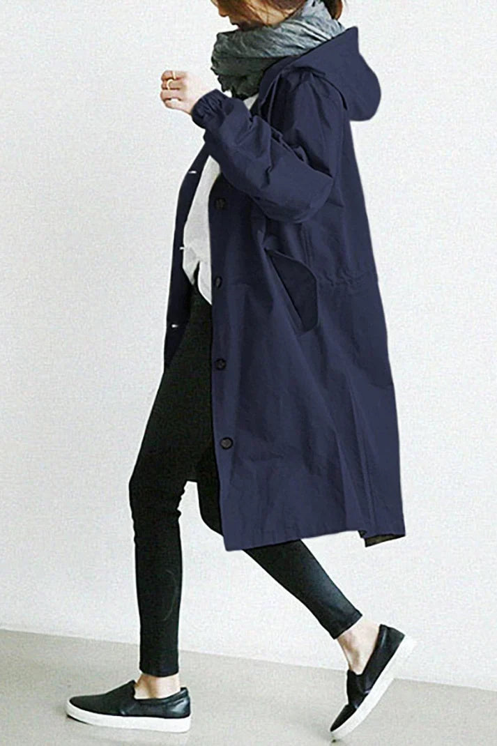 Women's Oversized Hooded Trench Coat with Button Fastening and Pockets