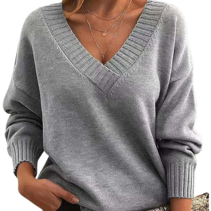 Women's Regular Length Textured Knit Sweater with Relaxed Fit and V-Neck