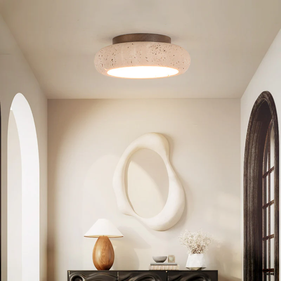 Rava - Lampadario Vintage in Travertino con Dettagli in Legno