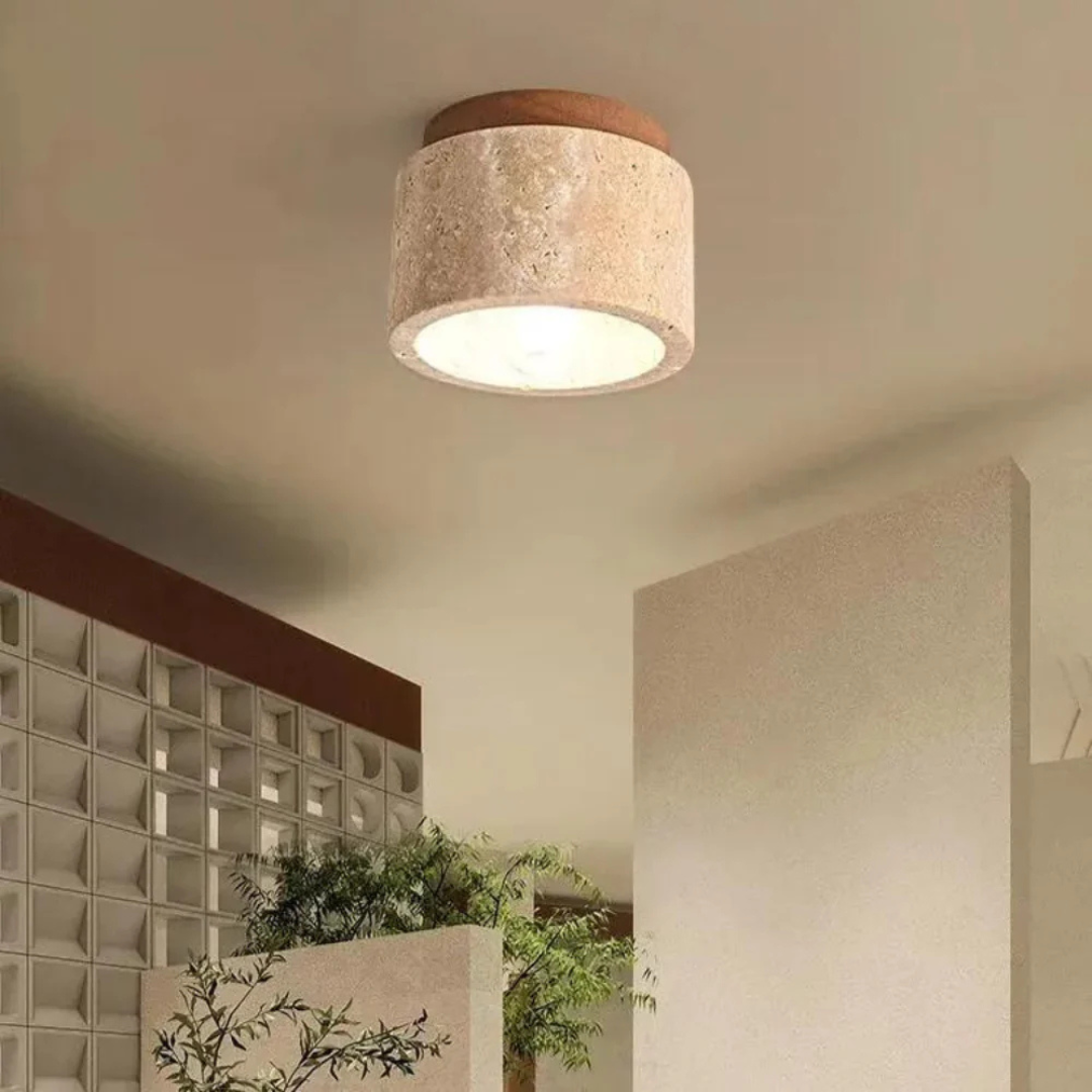 Radia - Lampada da Soffitto Cilindrica in Travertino con Dettagli in Legno
