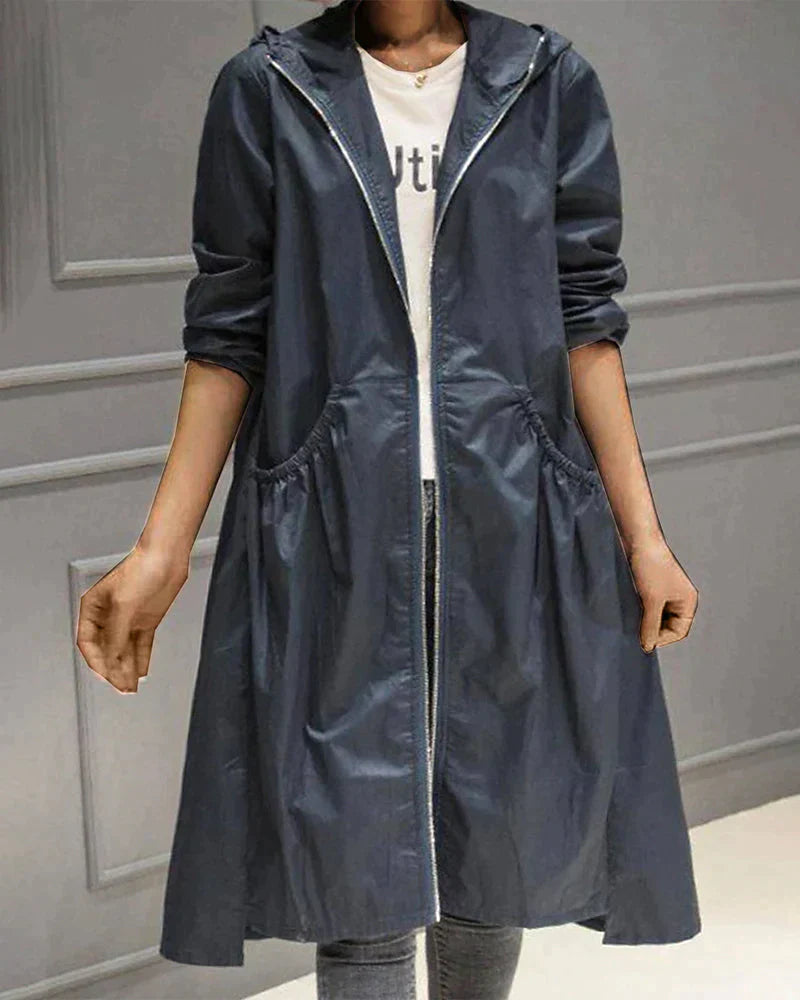 Women's Waterproof Long Hooded Raincoat with Zipper and Weather-Resistant Design