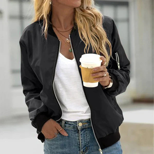 Women's Zip-Up Bomber Jacket with Utility Pocket on Sleeve