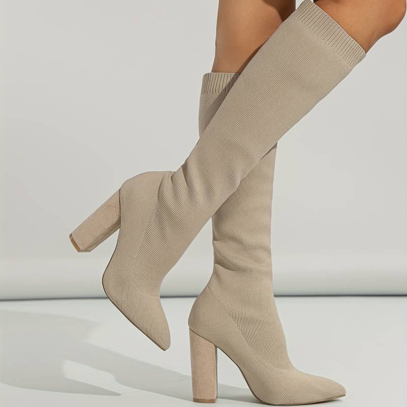 Knee-High Sock Boots for Women with Pointed Toe and Block Heel