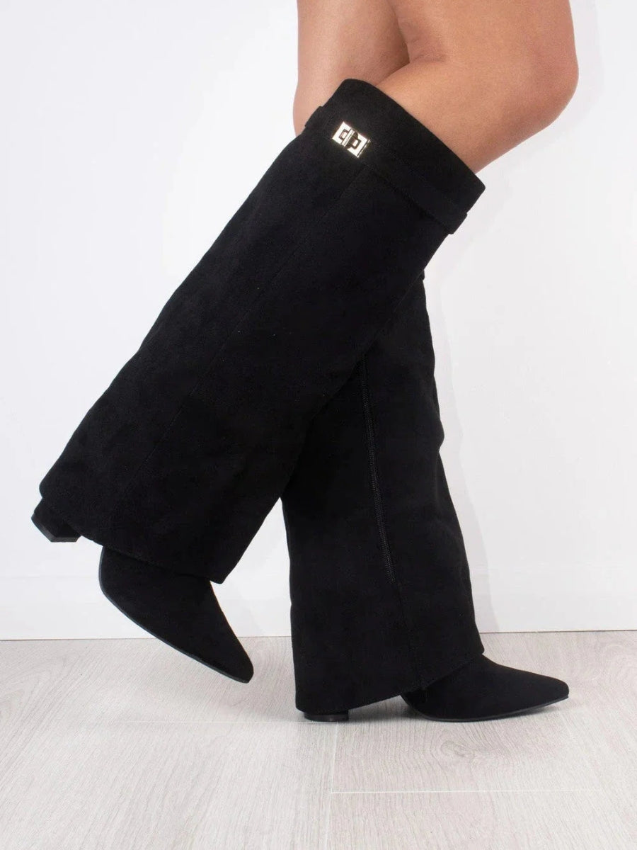 Women's Knee-High Boots with Block Heel and Wide Flare Top