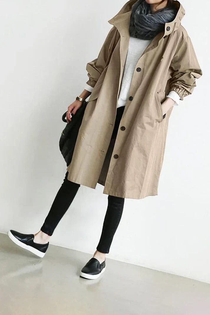Women's Oversized Hooded Trench Coat with Button Fastening and Pockets