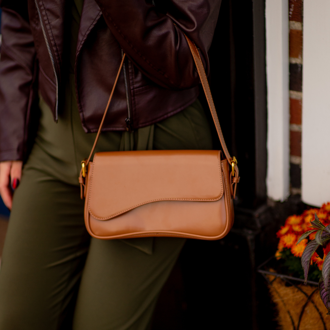 Women's Curved Flap Shoulder Bag with Adjustable Strap and Closure