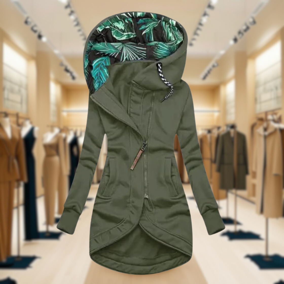 Lightweight Hooded Rain Jacket for Women with Asymmetric Zipper