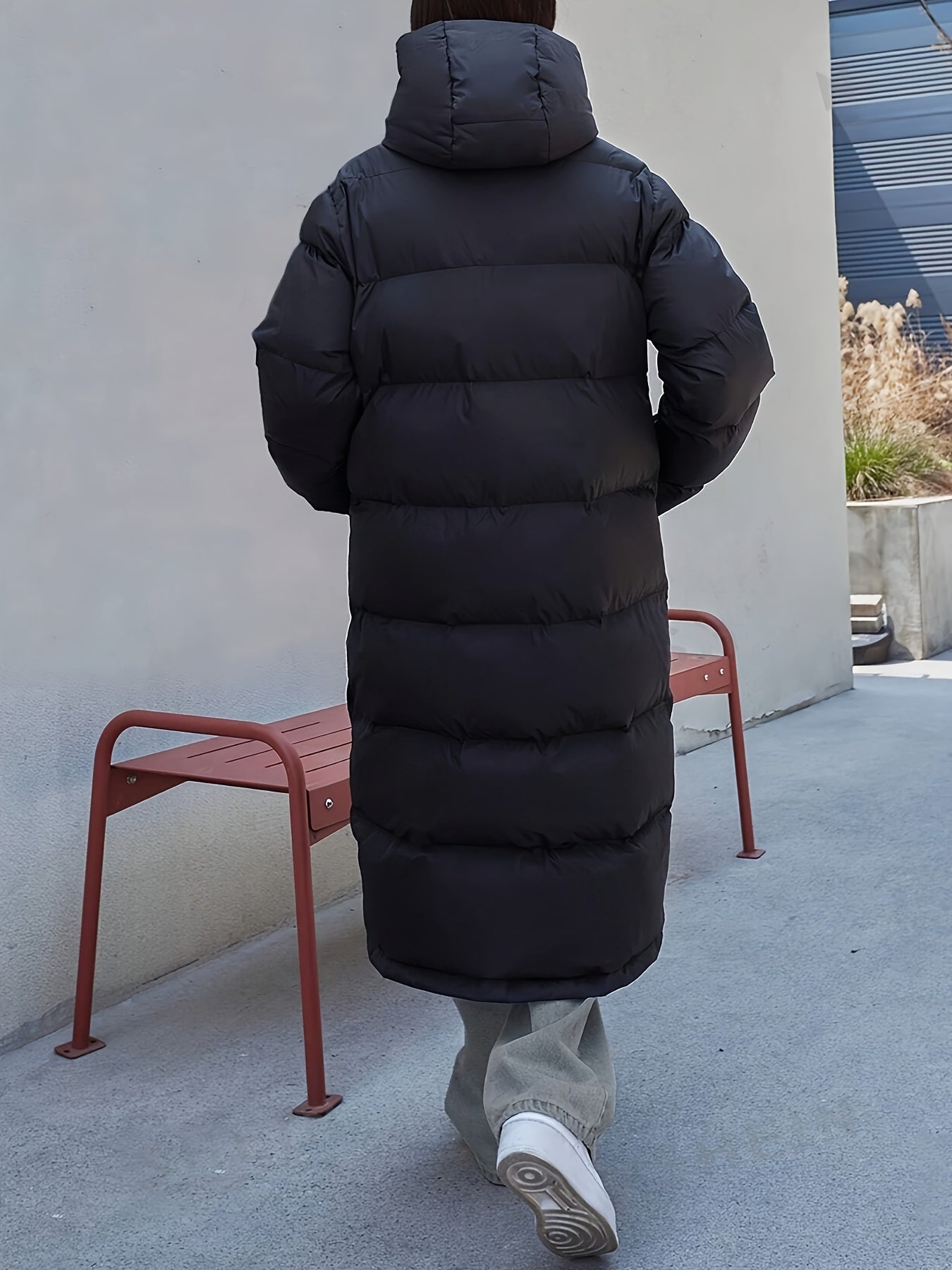 Women's Hooded Long Black Puffer Jacket with Full-Length Quilted Style