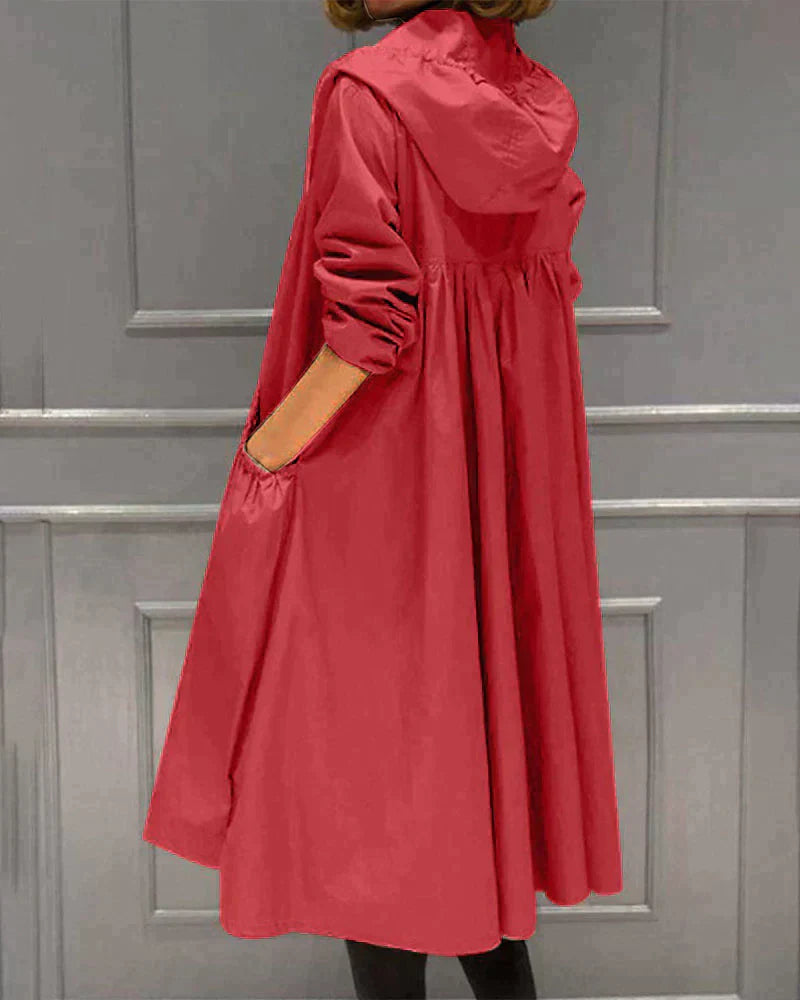 Women's Waterproof Long Hooded Raincoat with Zipper and Weather-Resistant Design