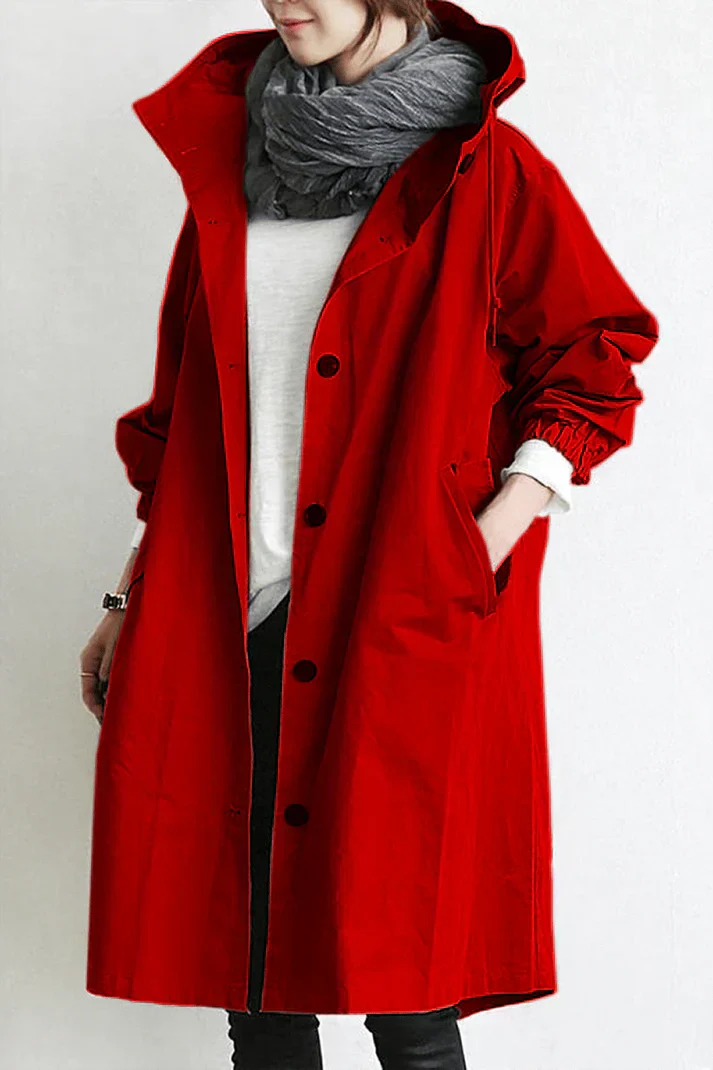 Women's Oversized Hooded Trench Coat with Button Fastening and Pockets