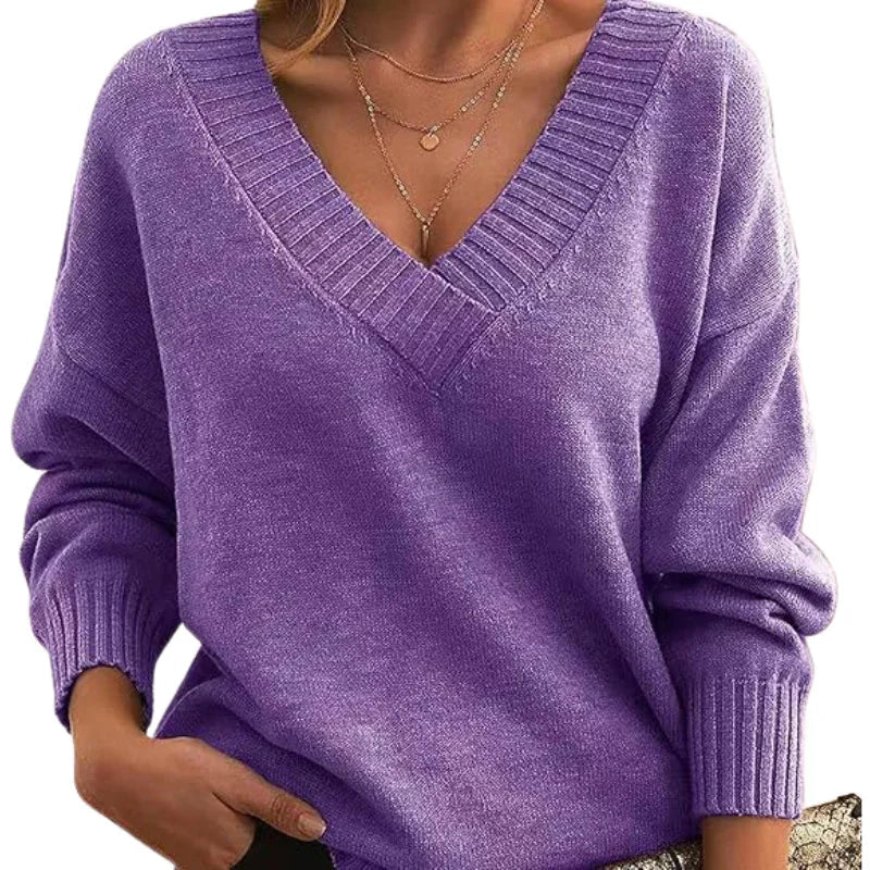Women's Regular Length Textured Knit Sweater with Relaxed Fit and V-Neck