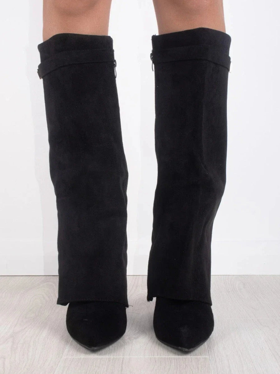 Women's Knee-High Boots with Block Heel and Wide Flare Top