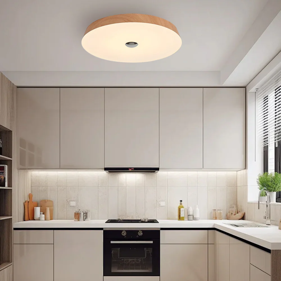 Evon - Lampada LED da soffitto rotonda con elegante finitura in legno naturale
