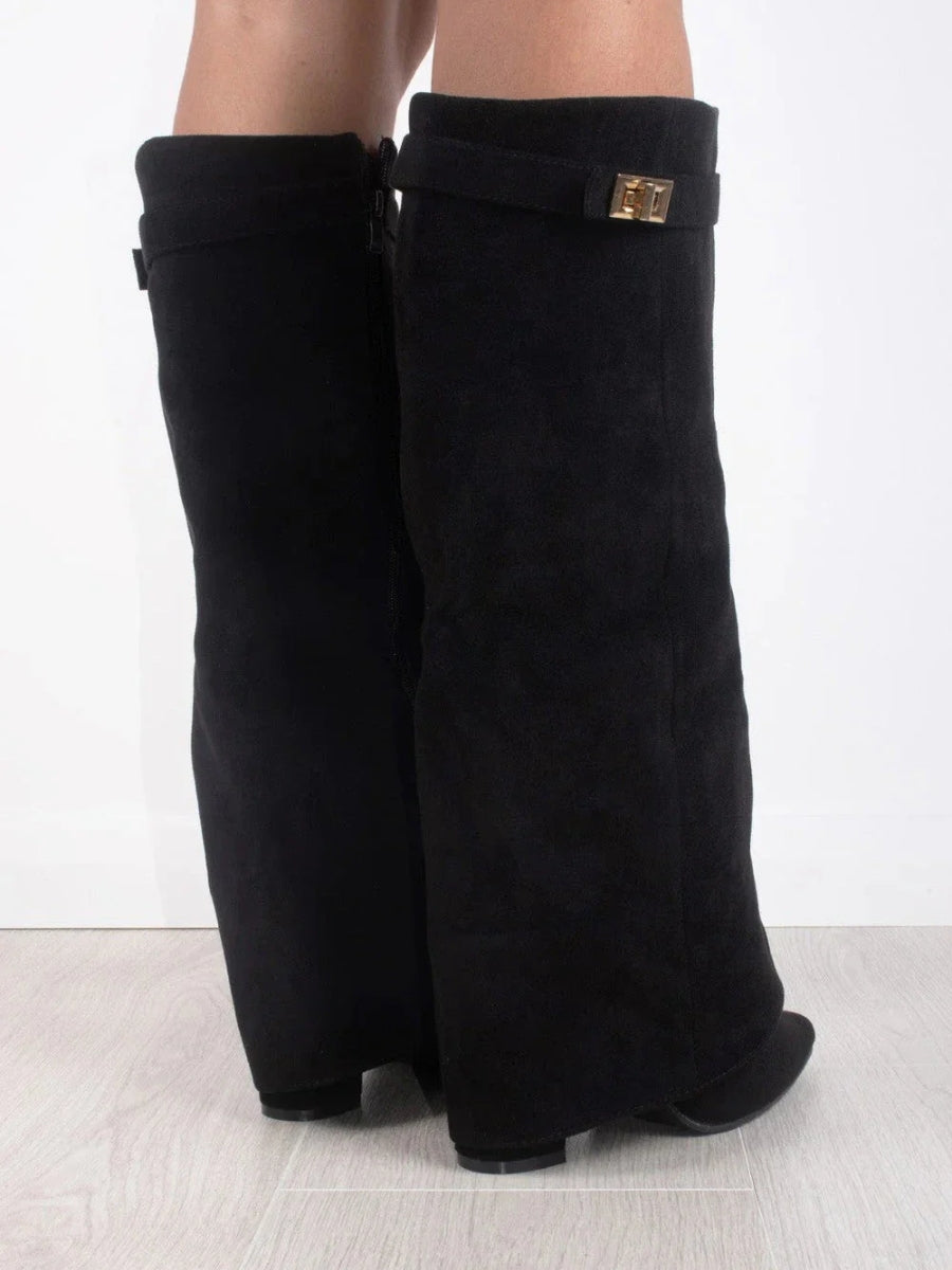Women's Knee-High Boots with Block Heel and Wide Flare Top