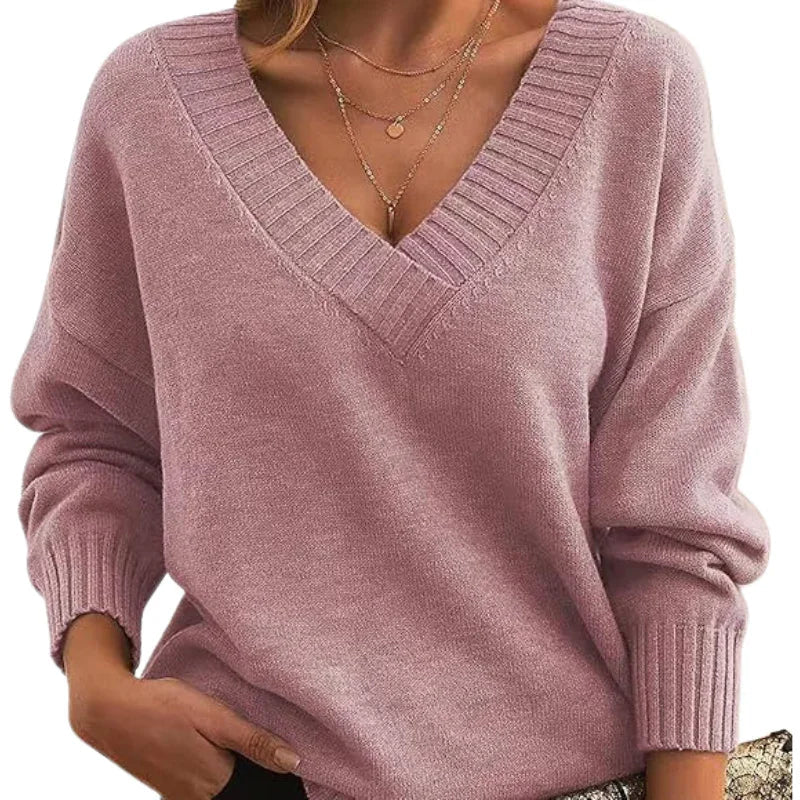 Women's Regular Length Textured Knit Sweater with Relaxed Fit and V-Neck