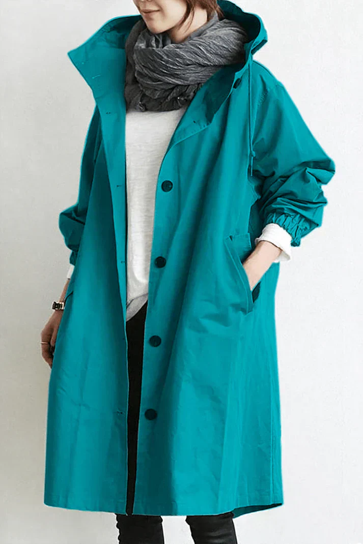 Women's Oversized Hooded Trench Coat with Button Fastening and Pockets