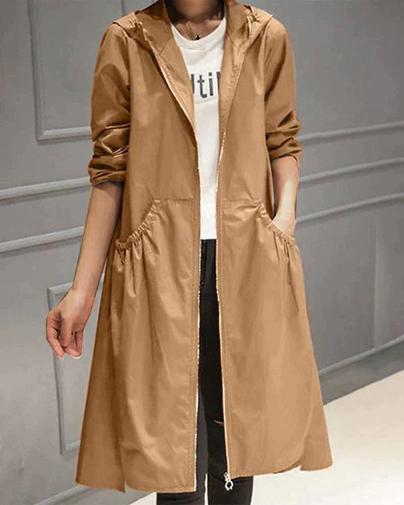 Women's Waterproof Long Hooded Raincoat with Zipper and Weather-Resistant Design