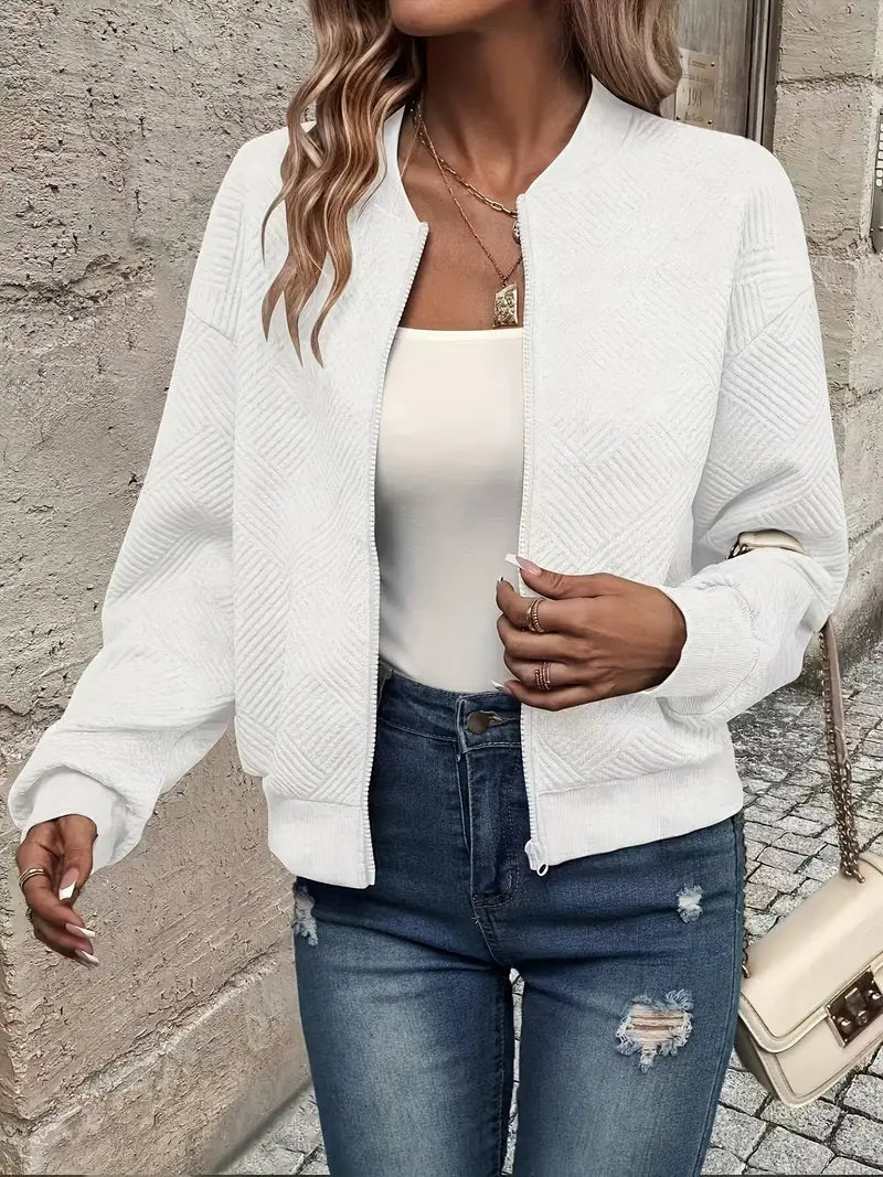 Women's Textured Zip-Up Cardigan with Ribbed Hem and Long Sleeves