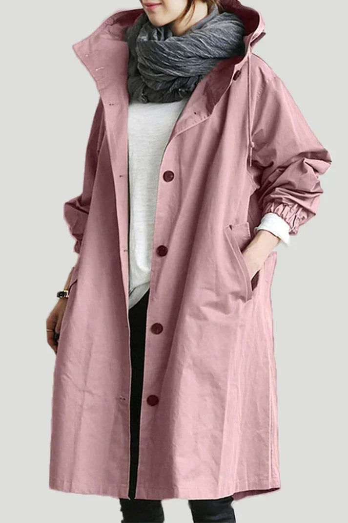 Women's Oversized Hooded Trench Coat with Button Fastening and Pockets
