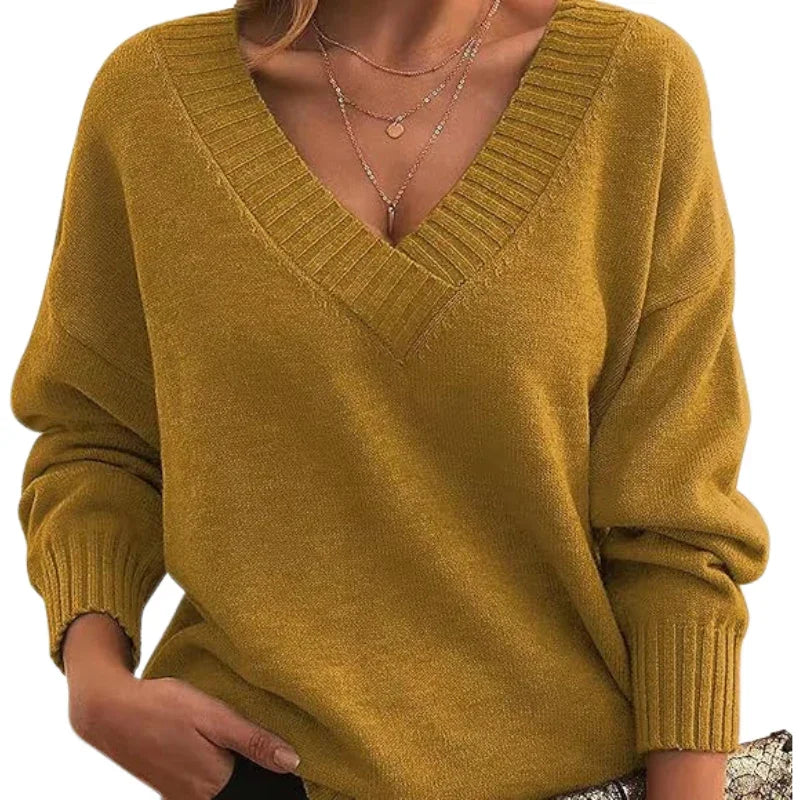 Women's Regular Length Textured Knit Sweater with Relaxed Fit and V-Neck