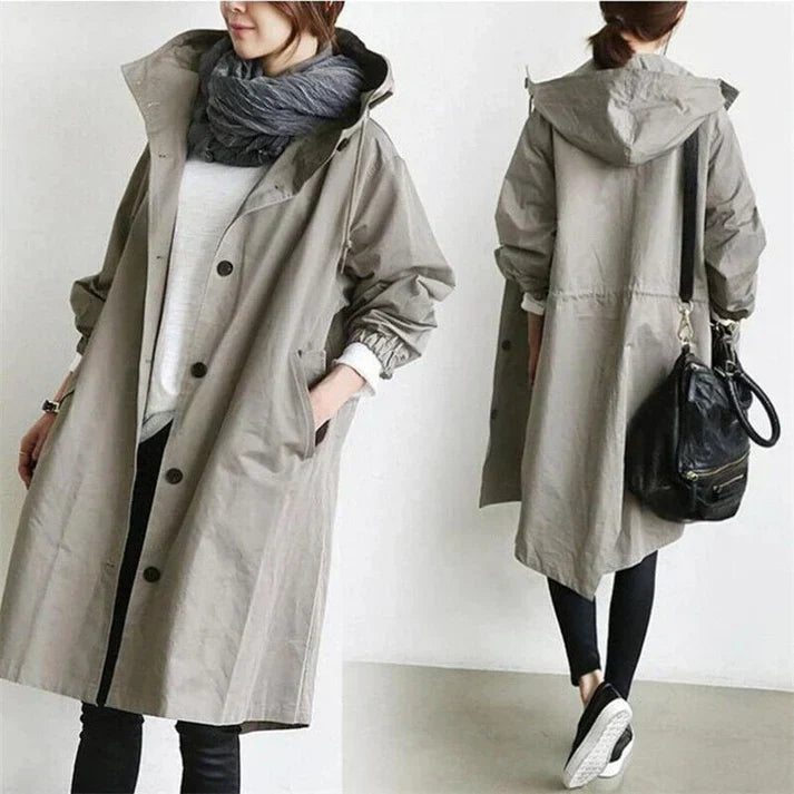 Women's Oversized Hooded Trench Coat with Button Fastening and Pockets