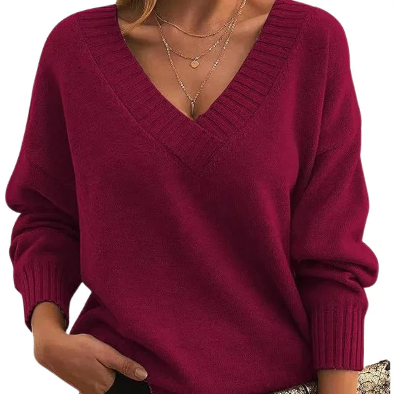 Women's Regular Length Textured Knit Sweater with Relaxed Fit and V-Neck
