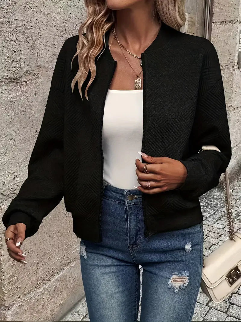 Women's Textured Zip-Up Cardigan with Ribbed Hem and Long Sleeves