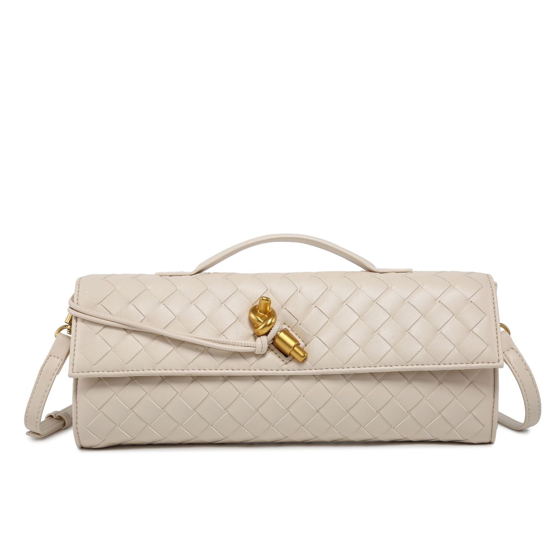 Women's Woven Shoulder Handbag with Top Handle and Flap Closure