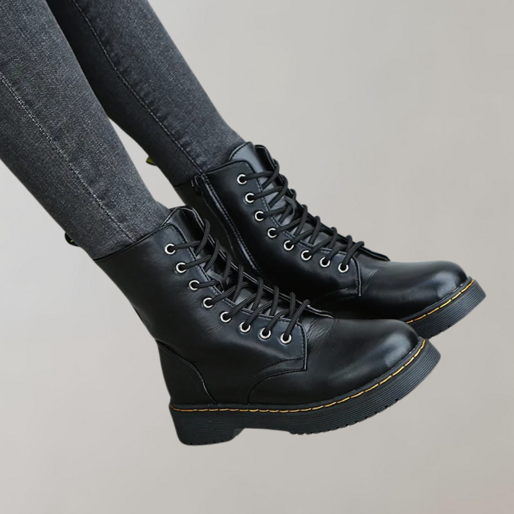 Women's Lace-Up Combat Boots with Durable Sole and Side Zipper