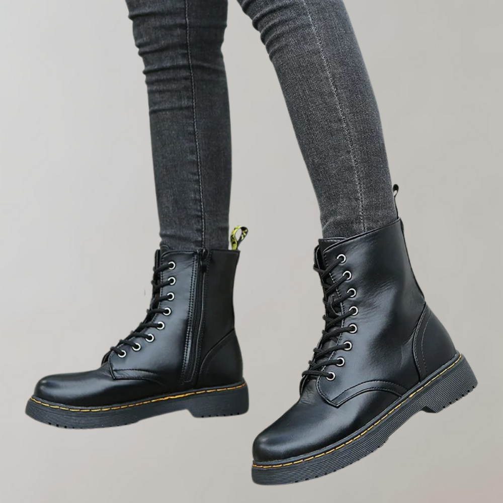 Women's Lace-Up Combat Boots with Durable Sole and Side Zipper