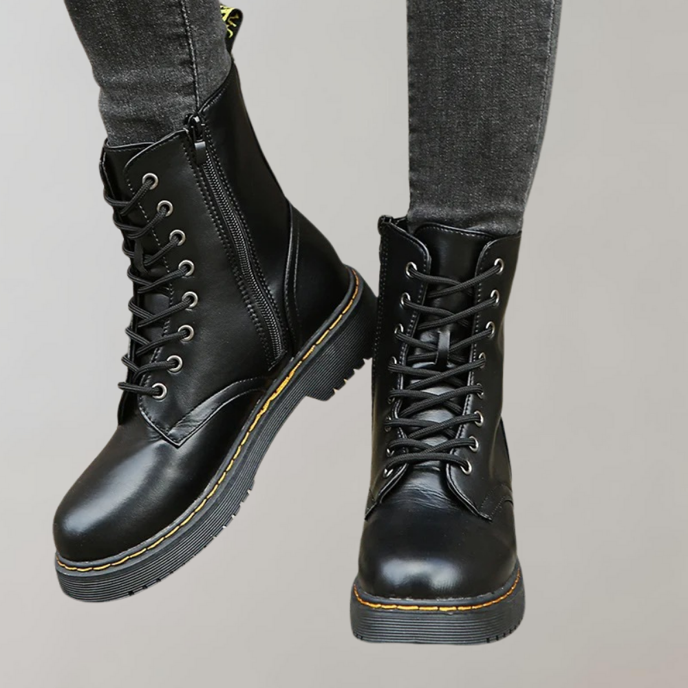 Women's Lace-Up Combat Boots with Durable Sole and Side Zipper