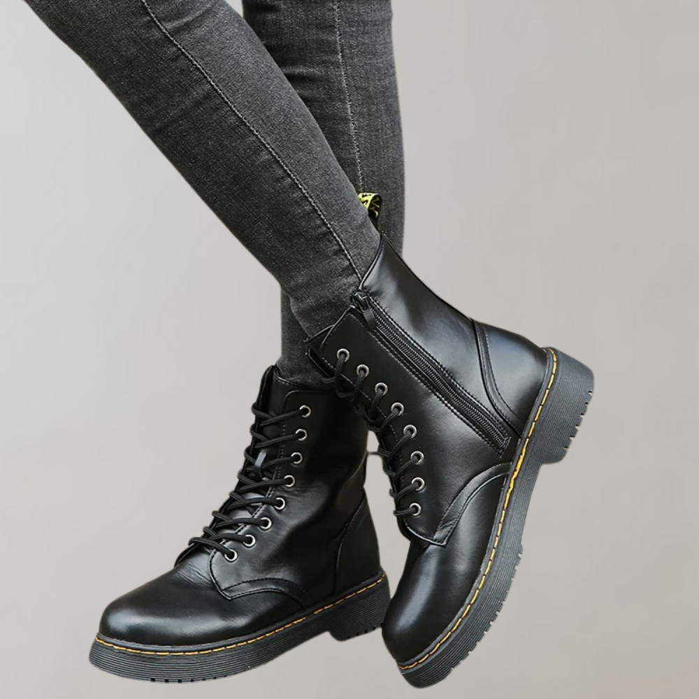 Women's Lace-Up Combat Boots with Durable Sole and Side Zipper