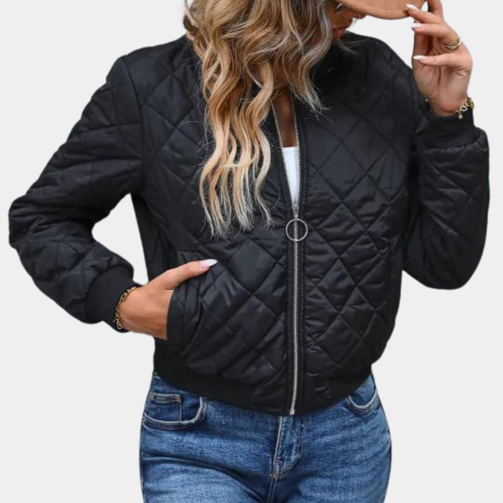 Quilted Bomber Jacket for Women with Zip Front and Ribbed Trim