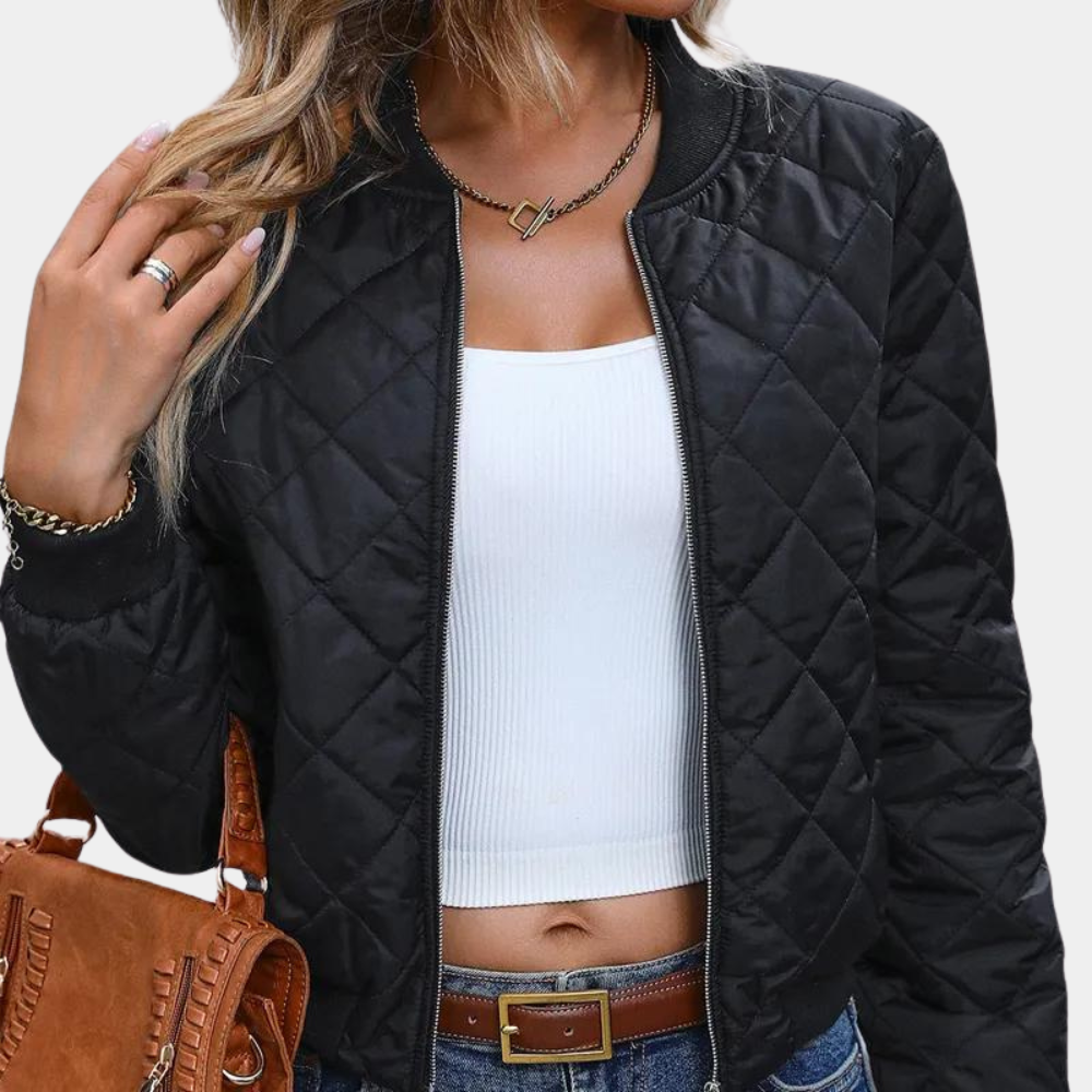 Quilted Bomber Jacket for Women with Zip Front and Ribbed Trim