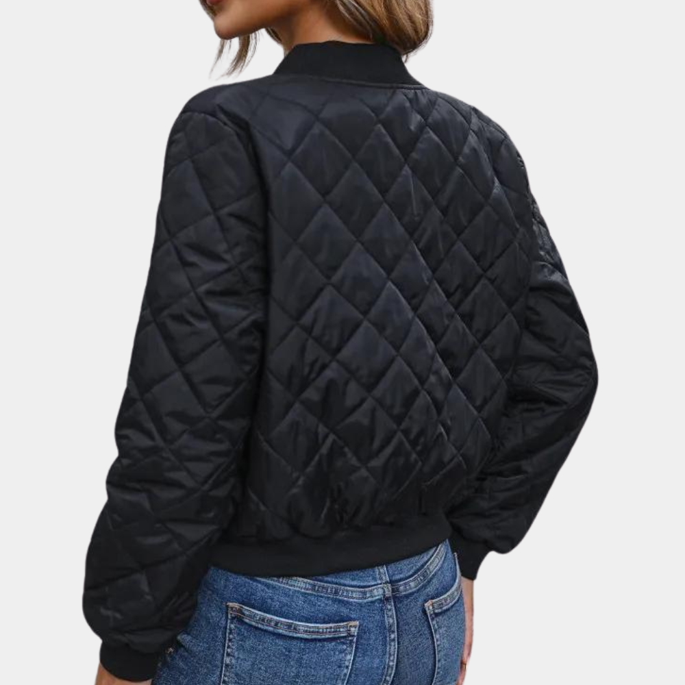 Quilted Bomber Jacket for Women with Zip Front and Ribbed Trim