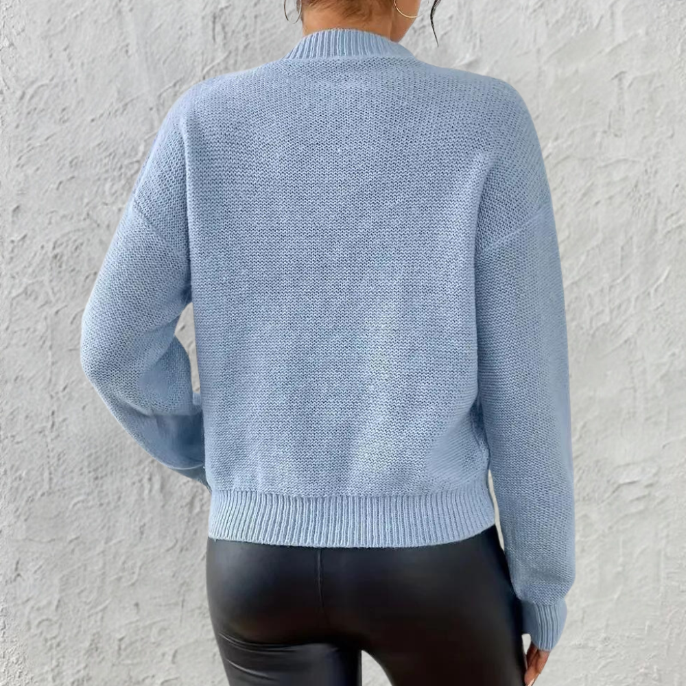 Long Sleeve Blue Cable Knit Sweater for Women with Round Neck