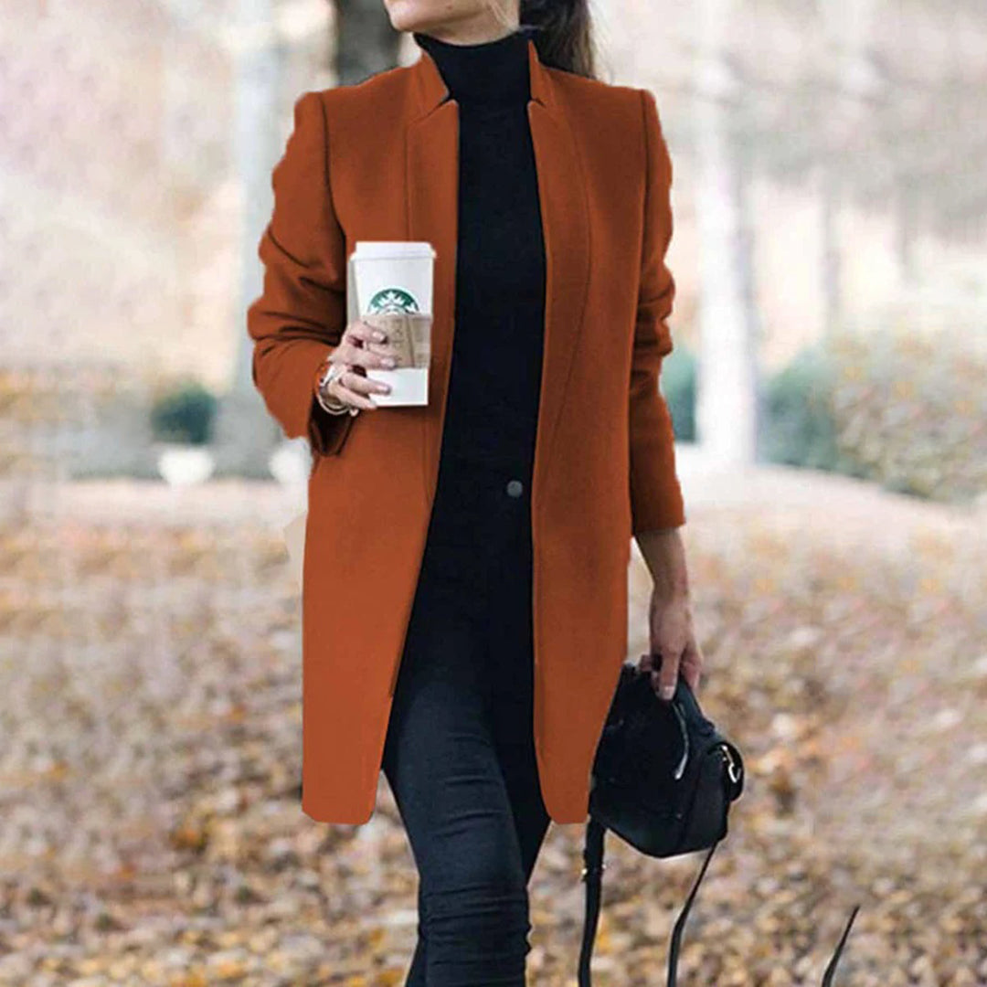 Women's Tailored Long Wool Trench Coat with Stand-Up Collar